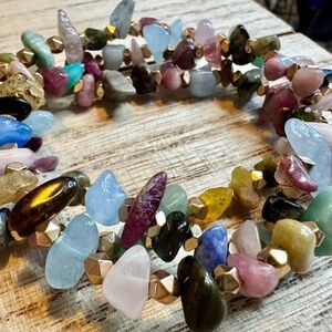 🌈 3x Wrap Chip Stone Bracelet – Fluorite, Aquamarine, Amazonite & Gold Hematite